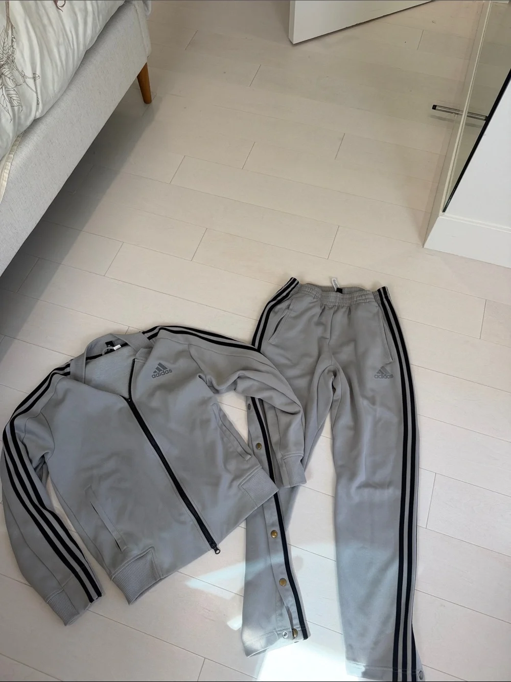 Adidas Mens Light Gray Track Jacket & Joggers with Black Stripes